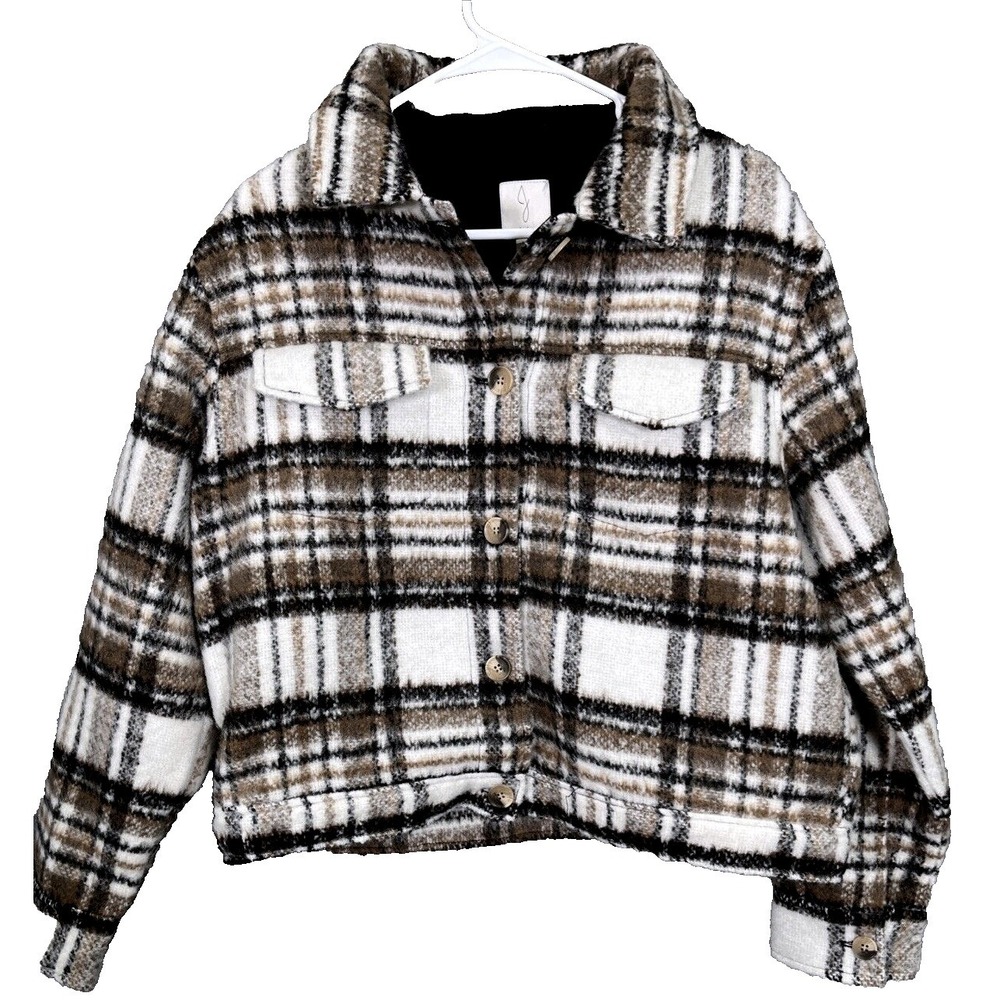 Joie Shacket Womens‎ L Brown Plaid Wool Blend Button Front Cropped Jacket Chore